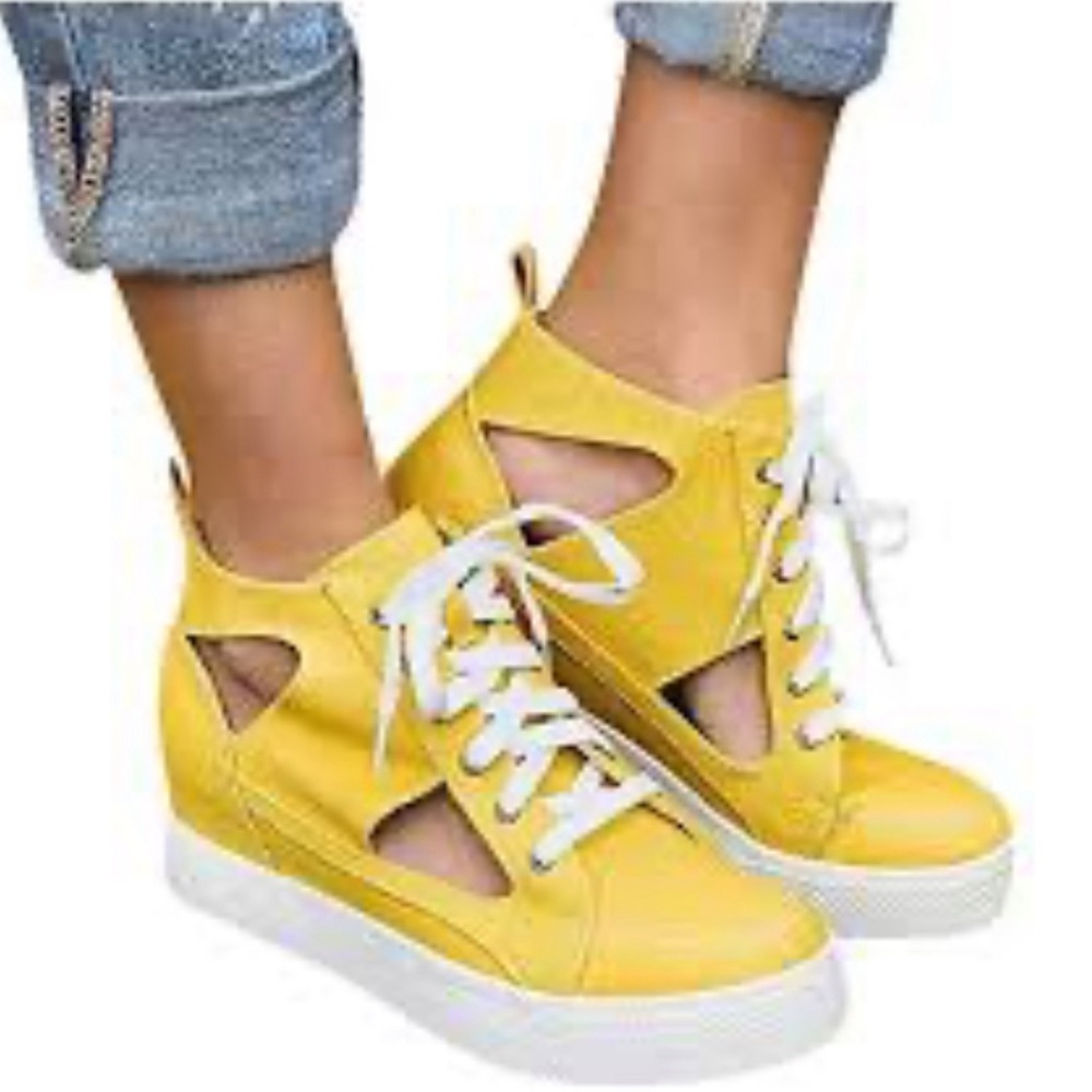 Adorable Very G Yellow Lace-up Cut Out Hidden Platform Wedge Hi-top Sneakers 7.5